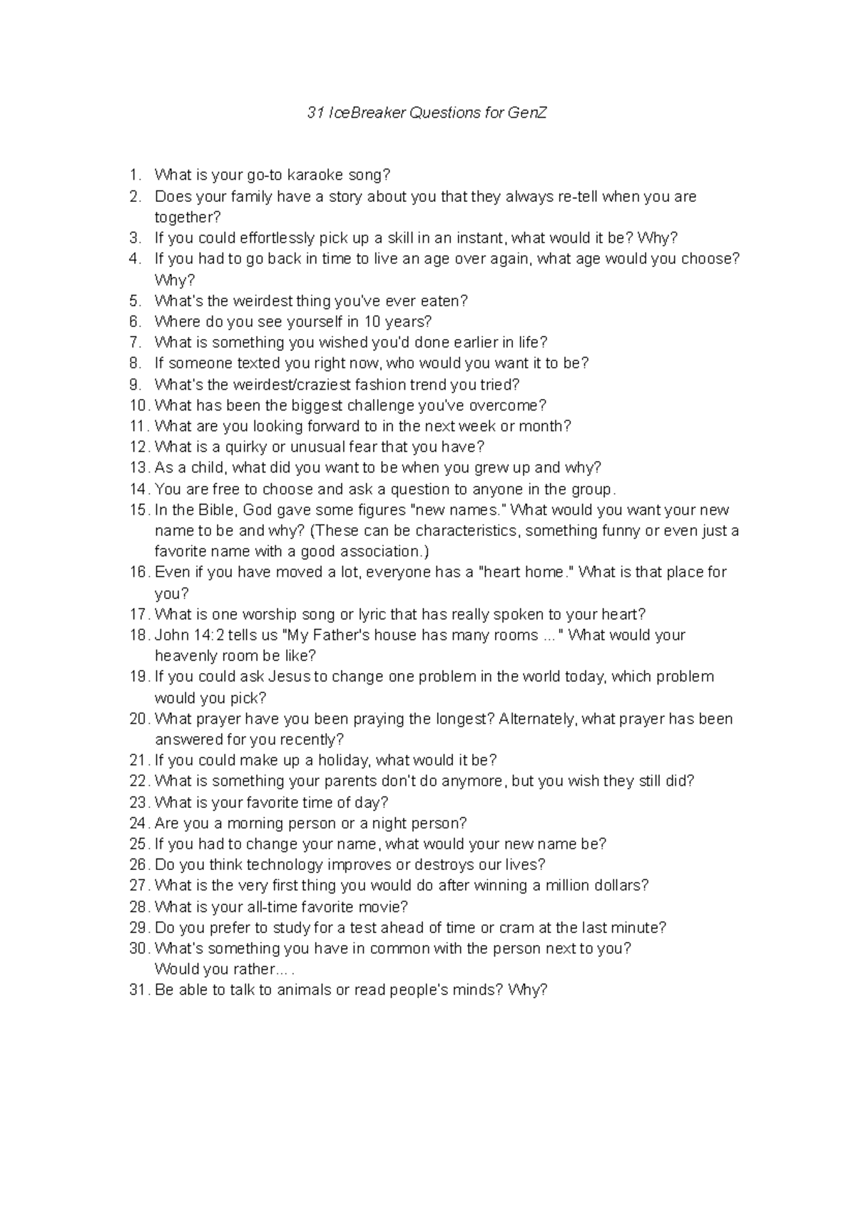 31 Engaging Ice Breaker Questions for Gen Z - Studocu