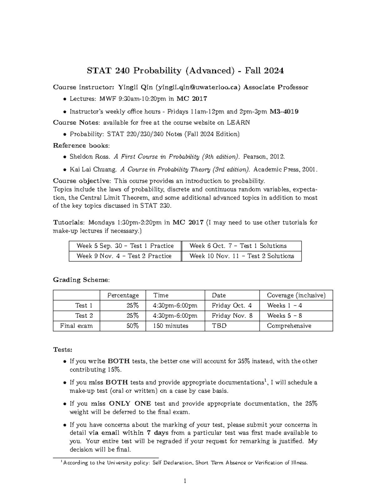 STAT 240 Fall 2024 Course Outline and Exam Details - Studocu