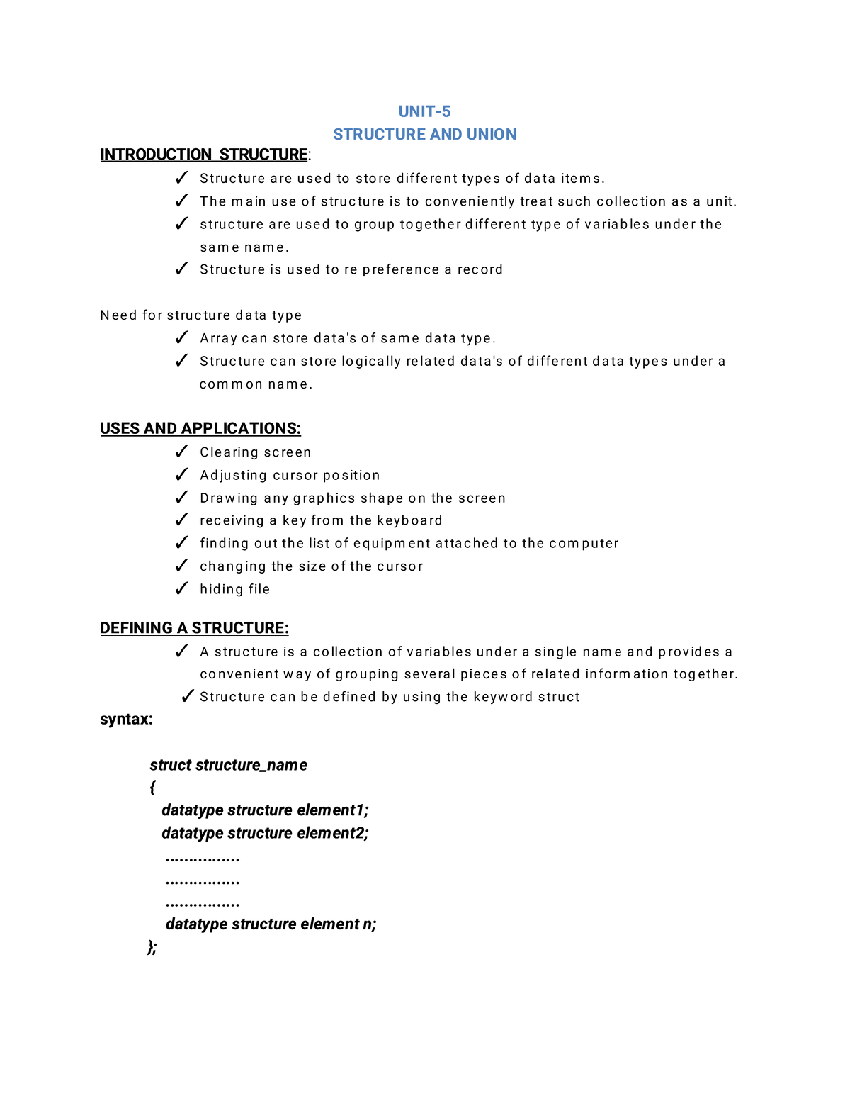 C Programming Notes: Structures and Unions (Unit-5) - Studocu