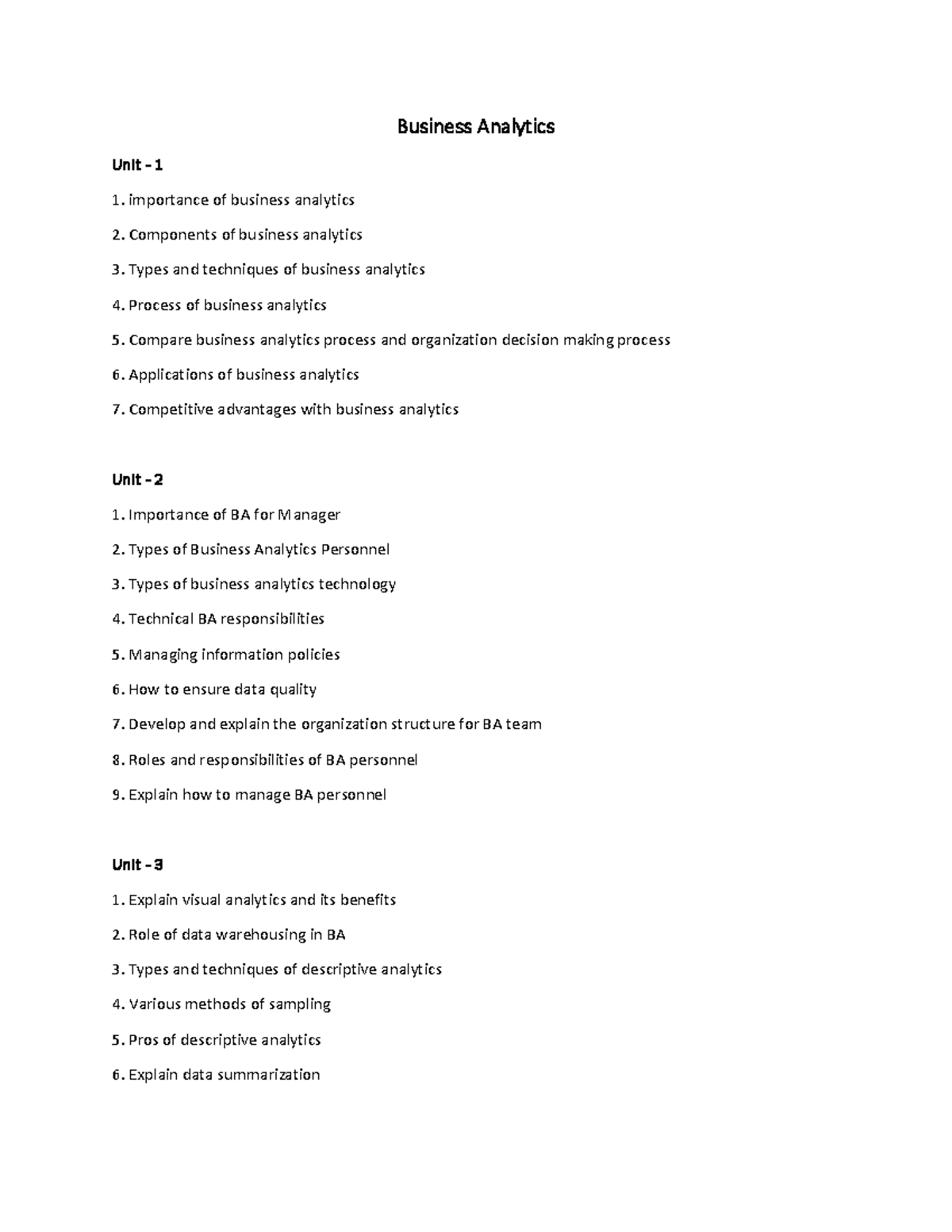 BA4206-Business Analytics Comprehensive Question Bank - Studocu