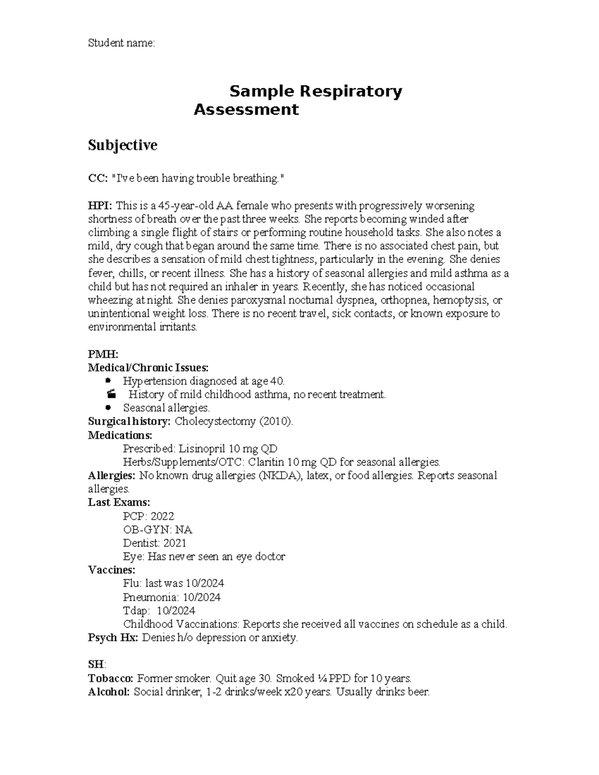 Respiratory Assessment Case Study: Sample Patient Evaluation - Studocu