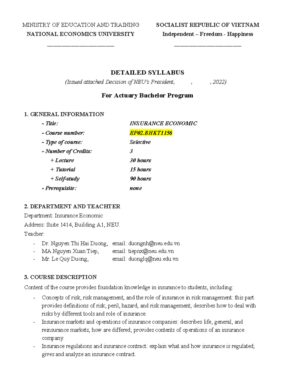 EP02.BHKT1156 Insurance Economic Course Syllabus and Overview - Studocu