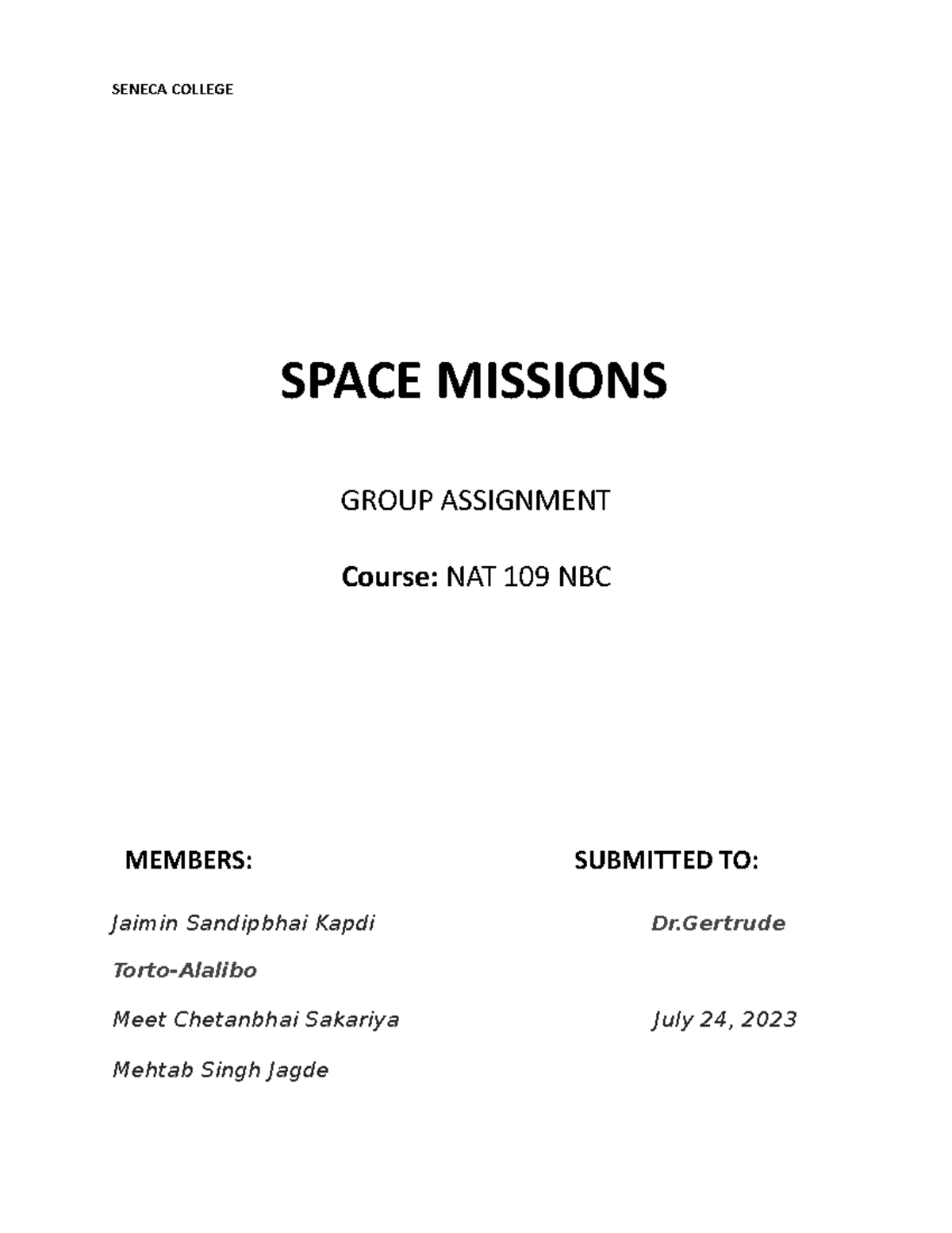 NAT 109 NBC - Group Assignment on Space Missions - Studocu
