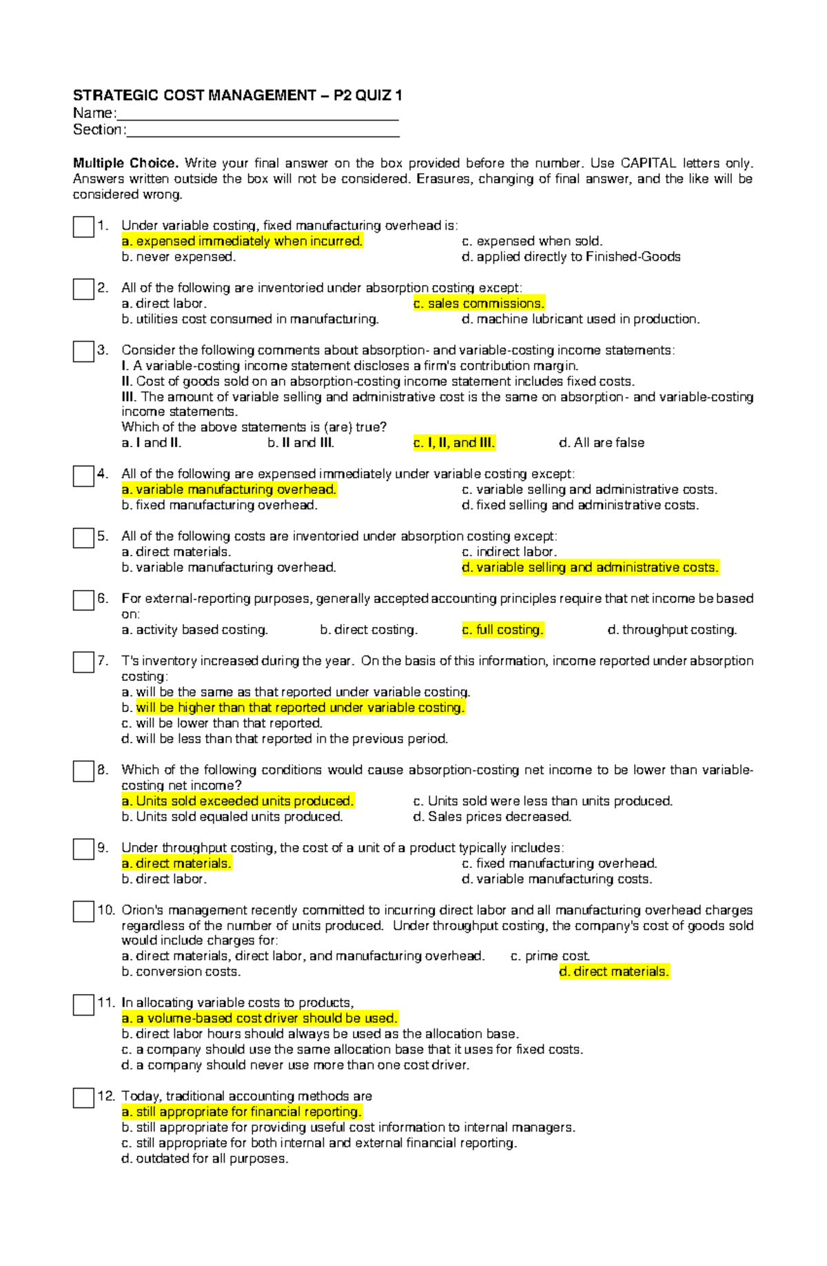 P2 QUIZ 1 FIN 073 W Strategic Cost Management Answer Key - Studocu