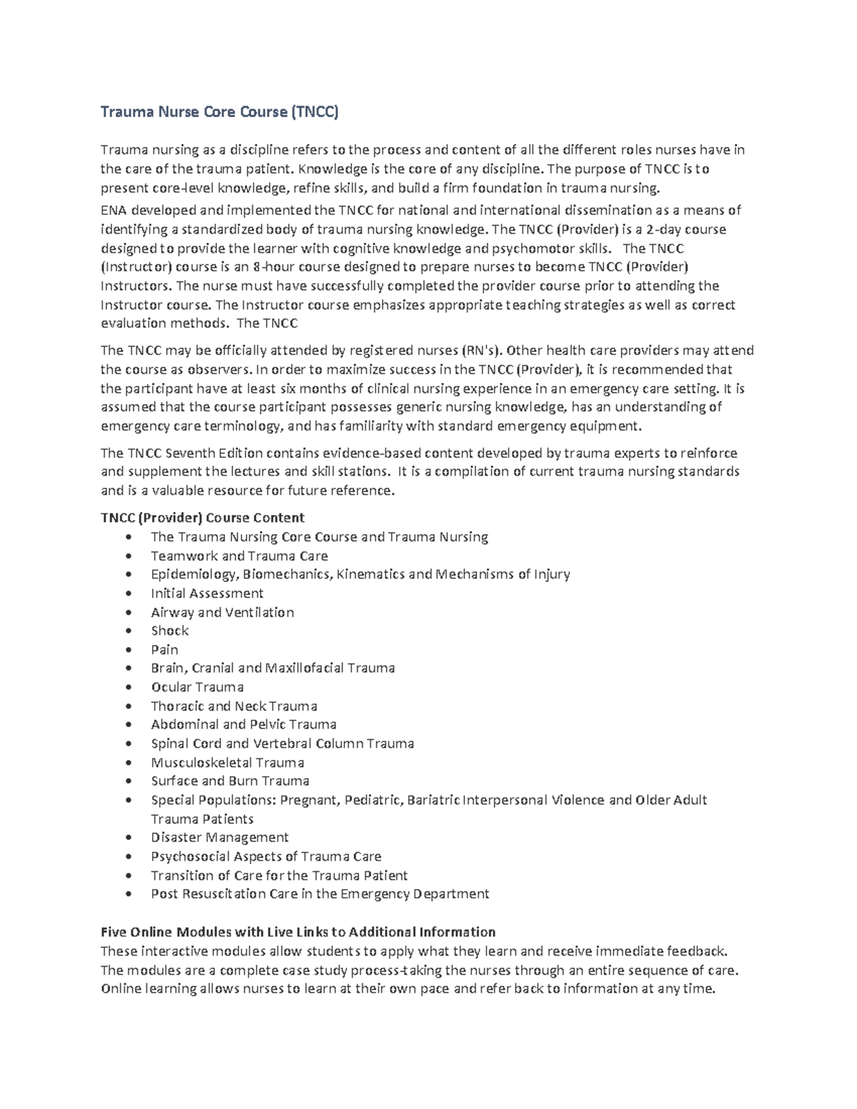 TNCC Trauma Nursing Core Course Overview and Key Concepts - Studocu