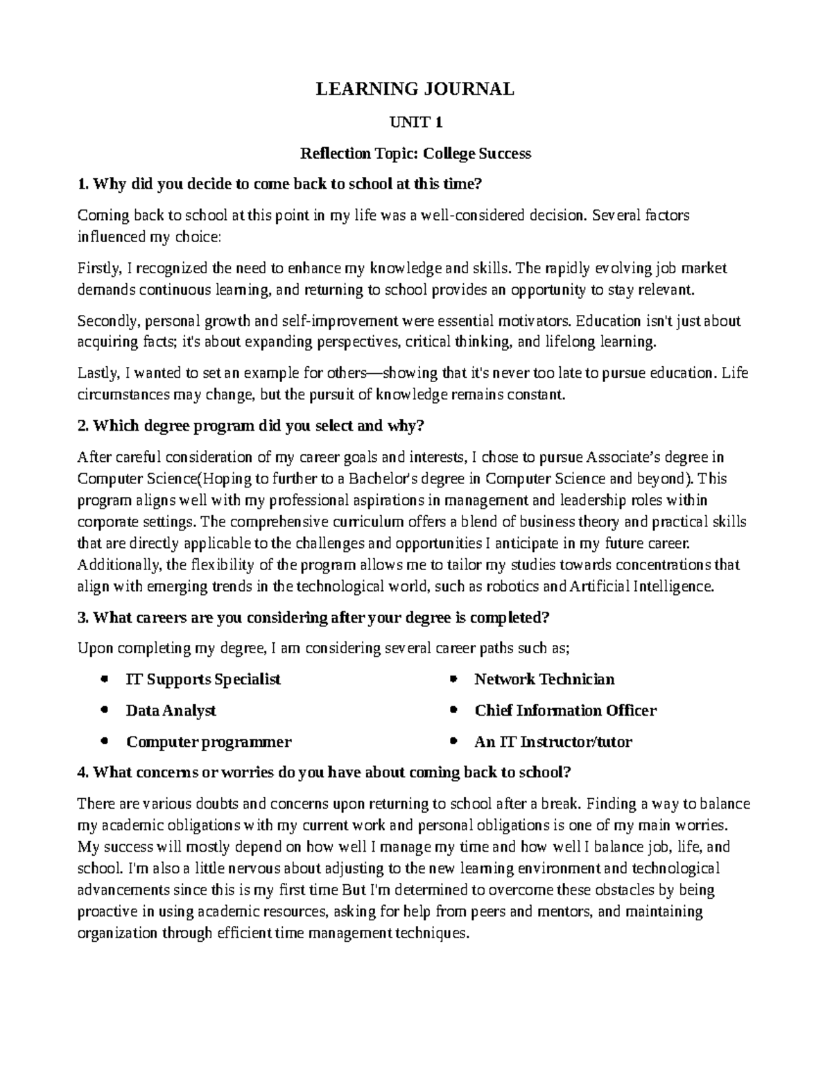 Learning Journal-Unit 1 - LEARNING JOURNAL UNIT 1 Reflection Topic ...