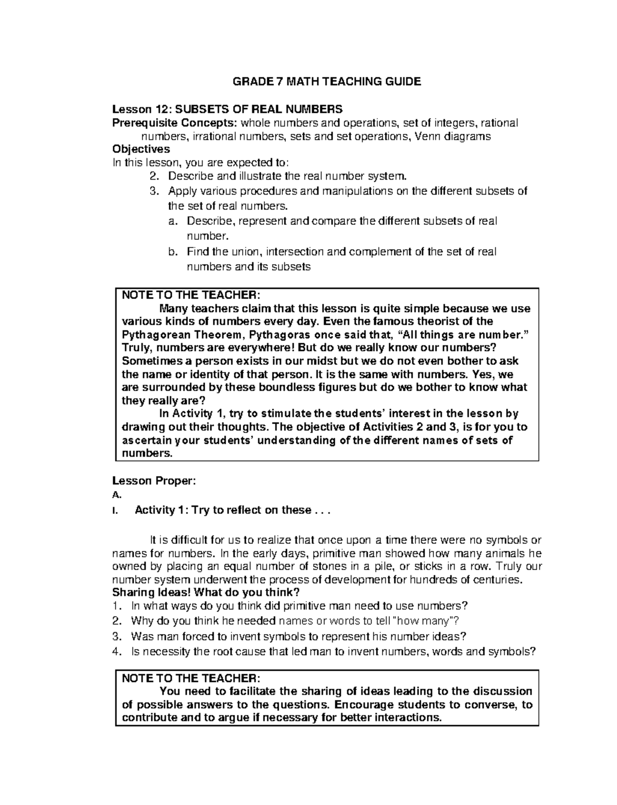Grade 7 Math Teaching Guide: Lesson 12 - Subsets of Real Numbers - Studocu