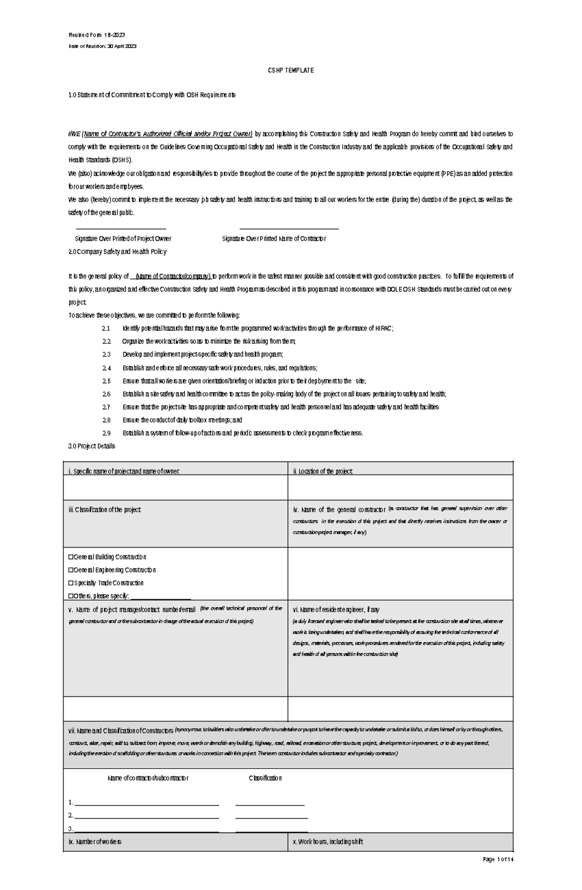 CSHP-Form-1B-2023: Construction Safety & Health Program Template - Studocu