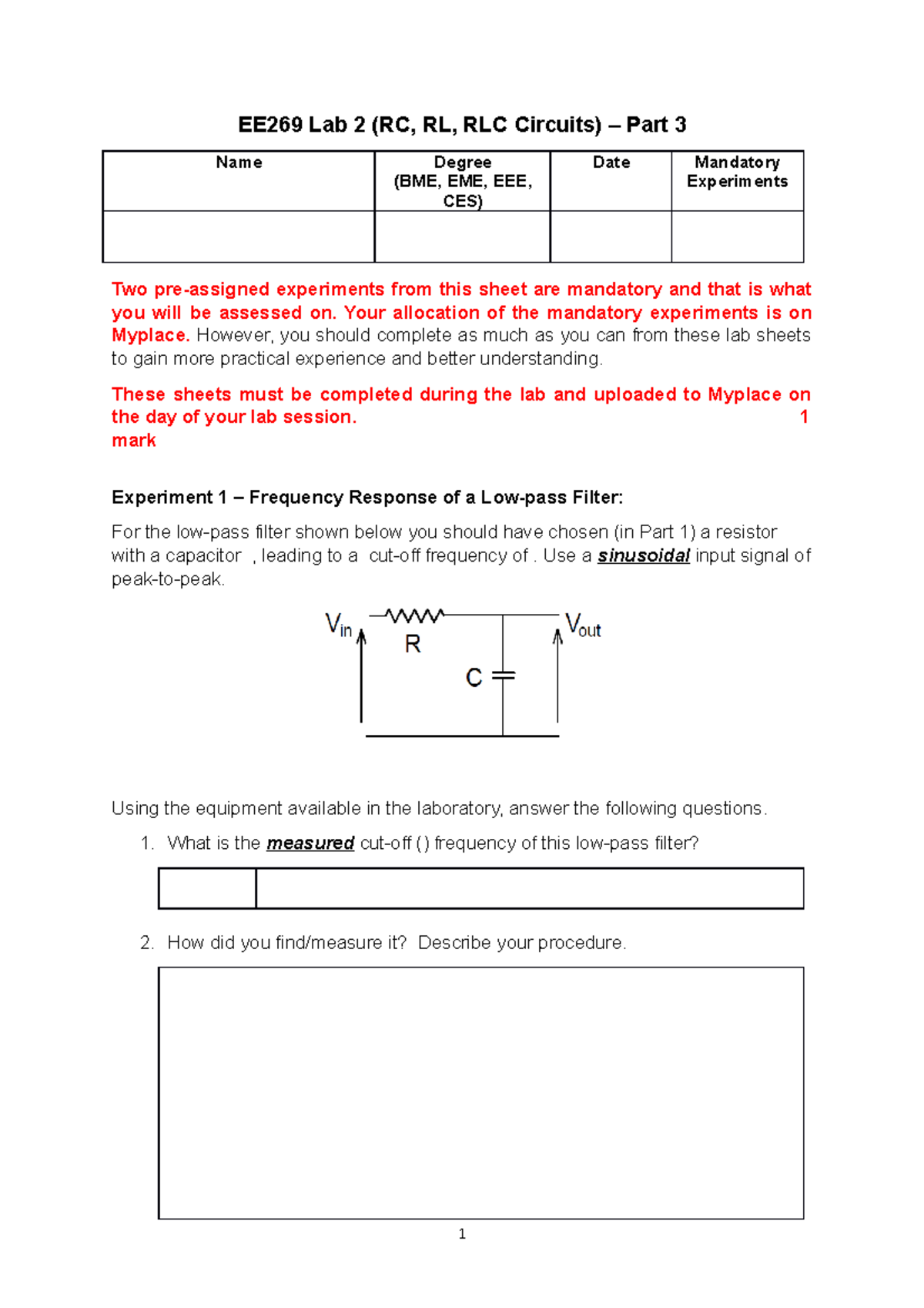 EE269 Lab 2: RC, RL, RLC Circuits Practical Experiments - Part 3 - Studocu