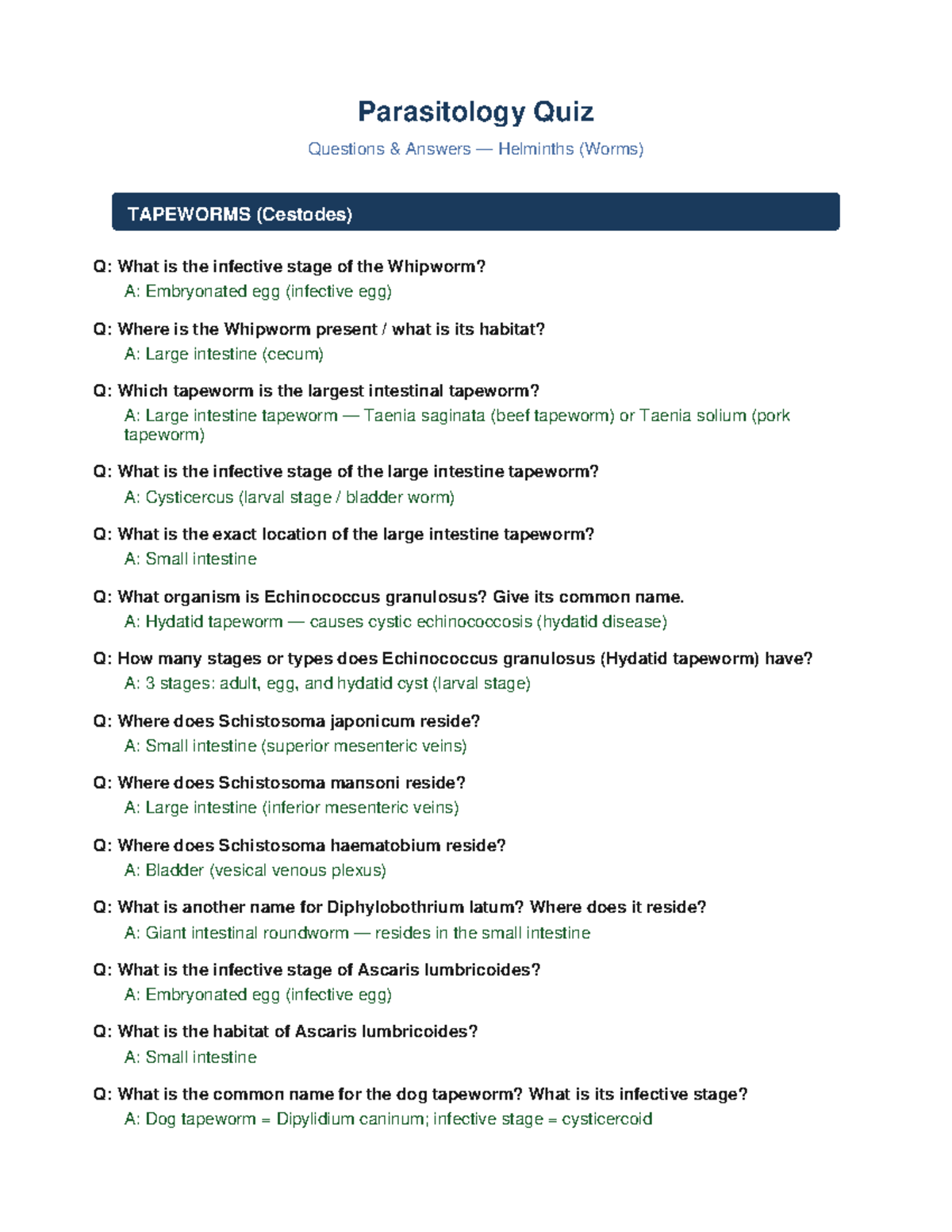 Parasitology Quiz (Course Code) - Helminths & Tapeworms Q&A - Studocu