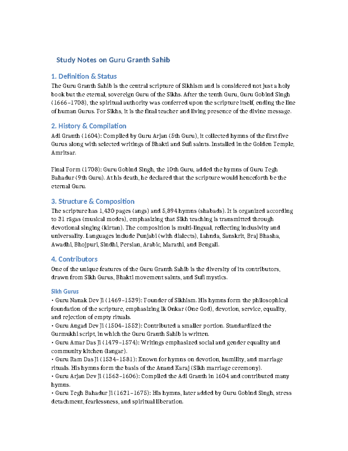 Guru Granth Sahib Study Notes: Key Teachings & History - Studocu