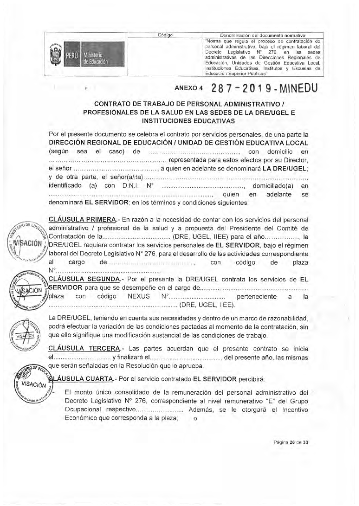 Anexo 4 Contrato de Trabajo Personal Administrativo - MINEDU 287-2019 - Document Preview