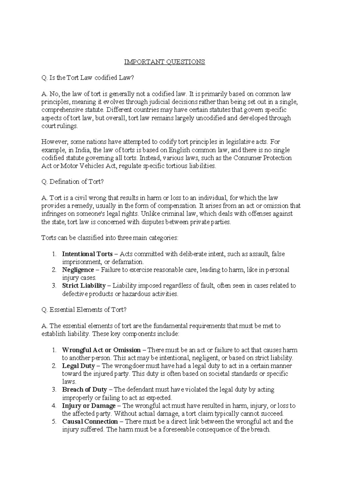 Tort Law Essentials: Important Questions for LLB II Sem Exam Prep - Studocu