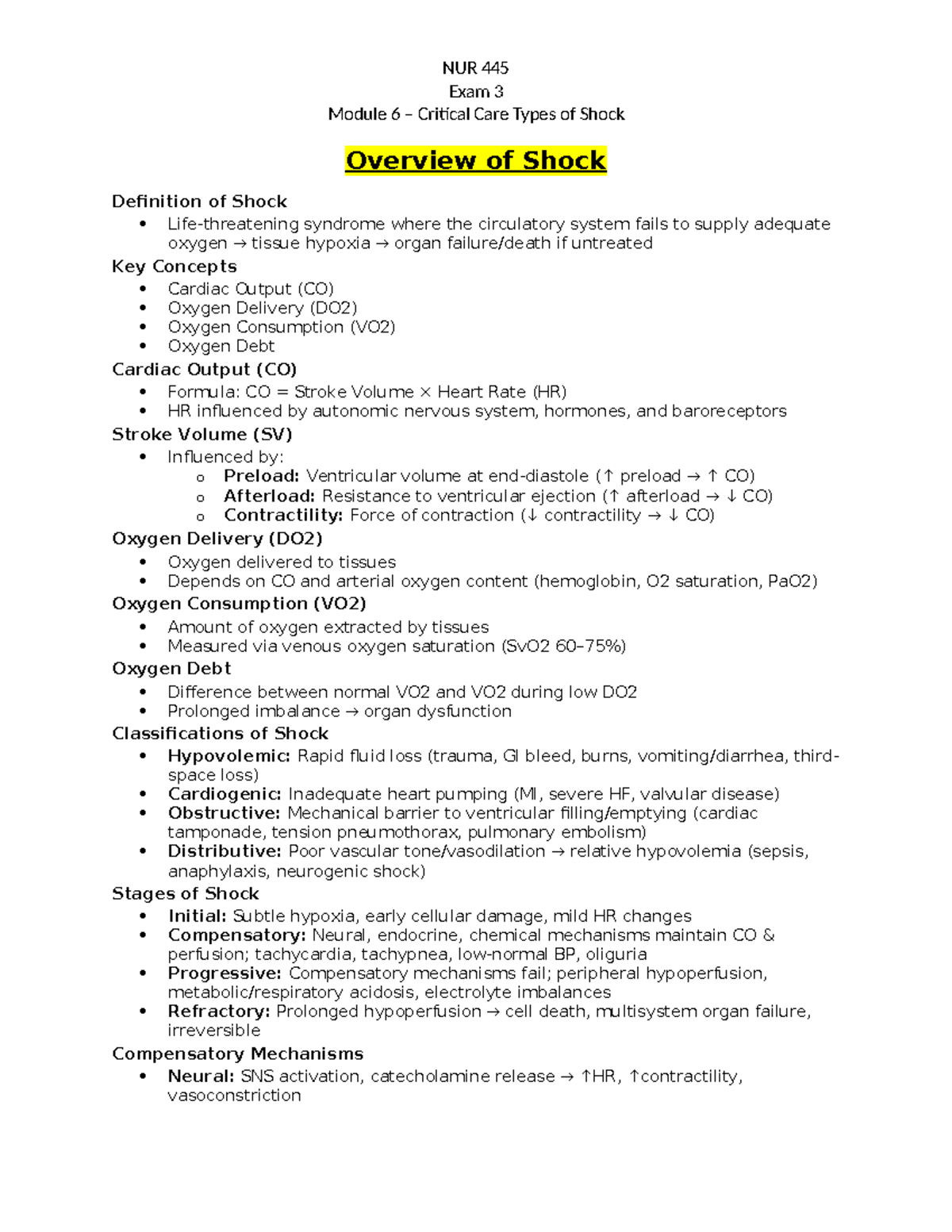 NUR 445 Exam 3 Module 6 Critical Care: Overview of Shock Types and ...