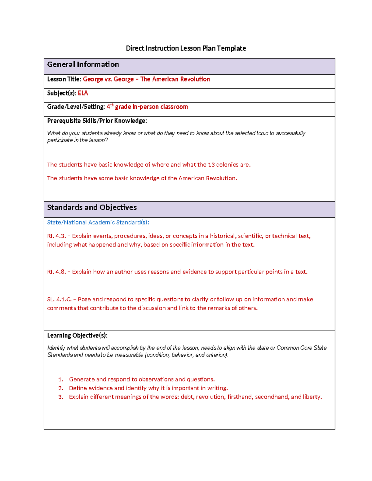 Observation 1 - Lesson Plan - Direct Instruction Lesson Plan Template ...