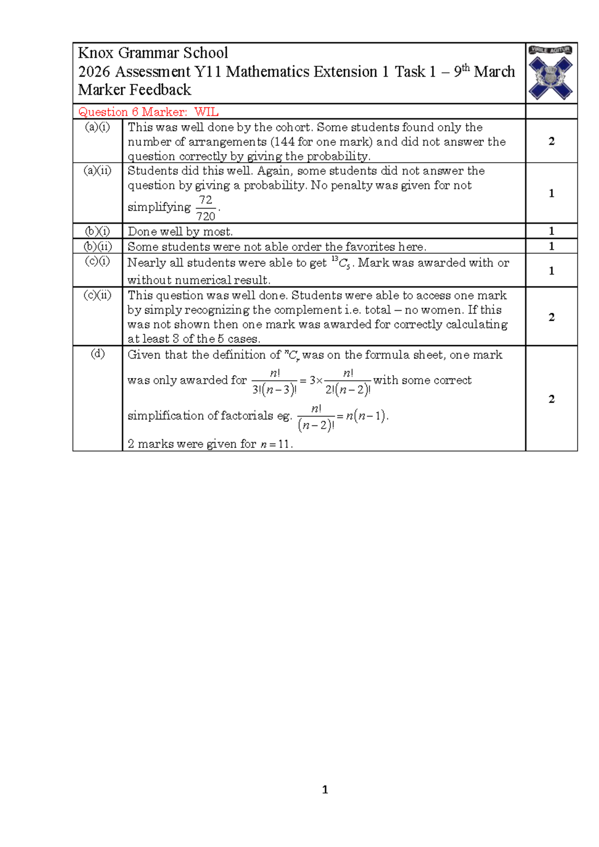 2026 Y11 Mathematics Ext 1 Task 1 Marker Feedback & Guidelines - Studocu