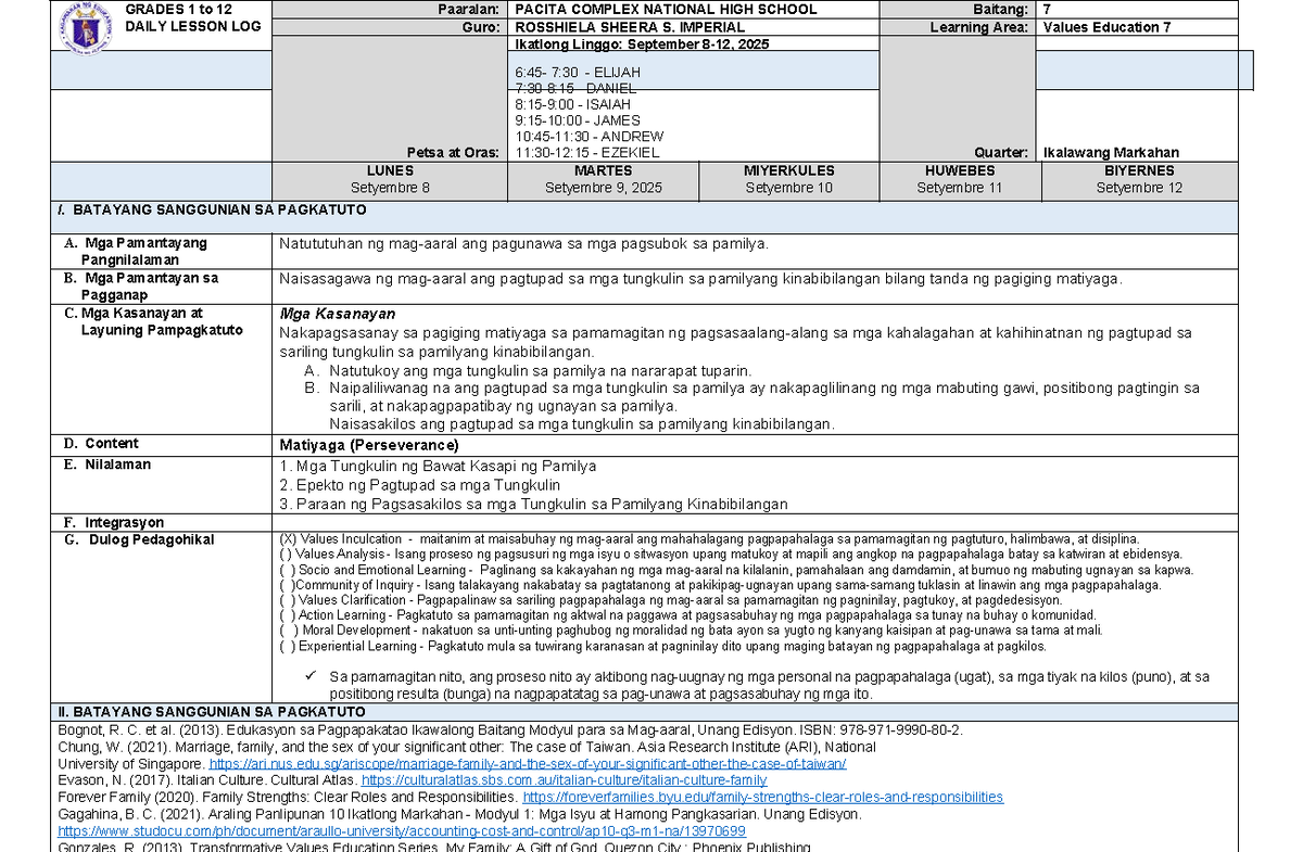 DLL ESP7 Q2 Week 3: Daily Lesson Log for Values Education 7 - Studocu