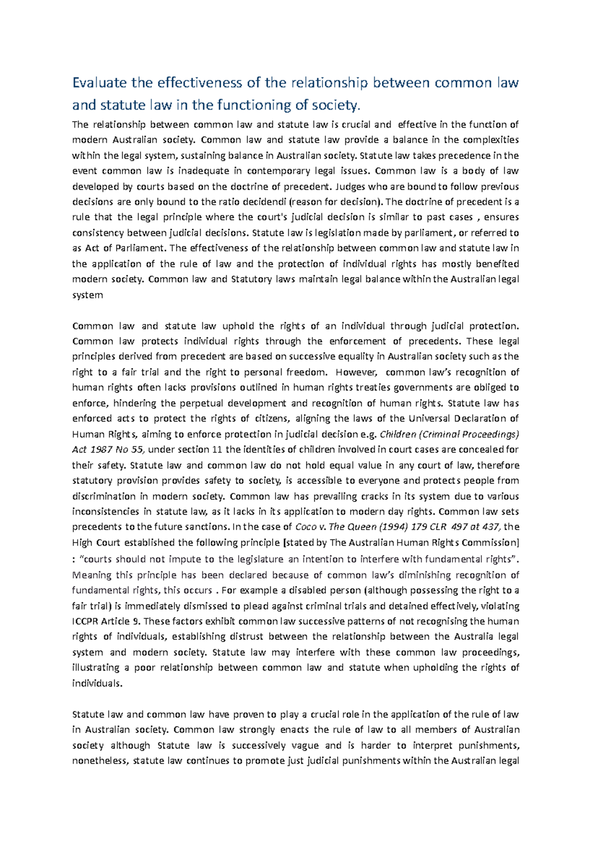 The Effectiveness of Common Law and Statute Law in Australian Society ...