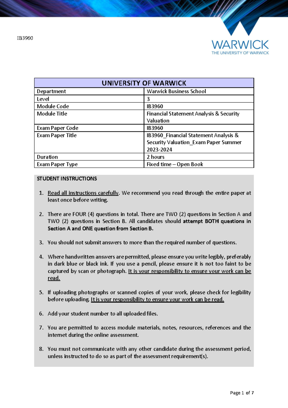 IB3960 Financial Statement Analysis & Security Valuation Exam Paper ...