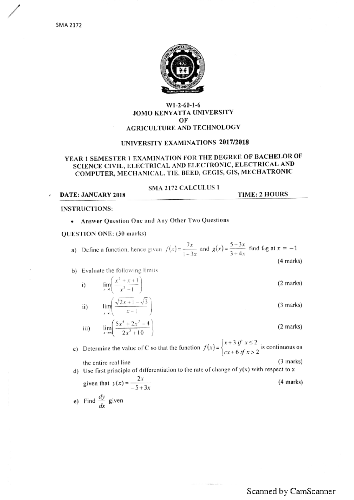 SMA 2172: Final Exam Past Papers for Civil Engineering (2018) - Studocu
