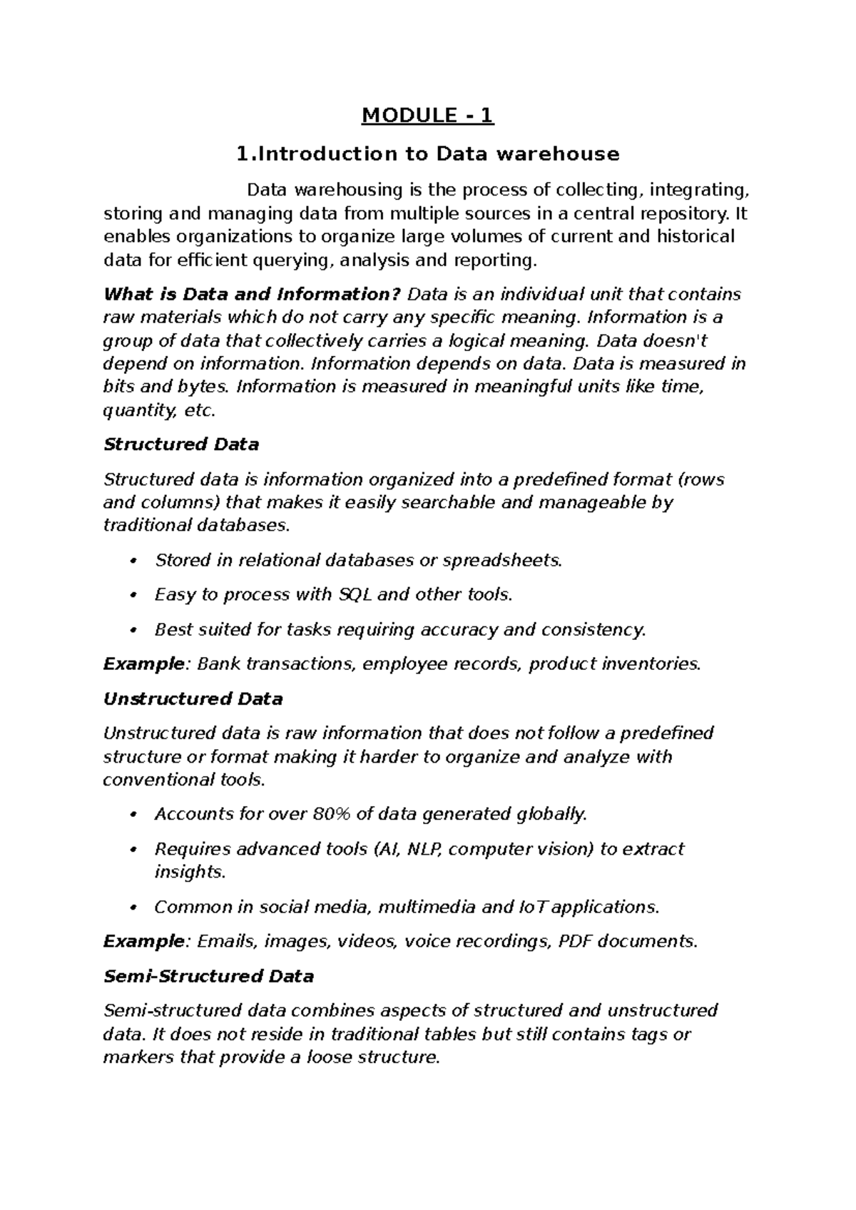 Data Mining - Unit 1 Notes: Introduction to Data Warehousing - Studocu