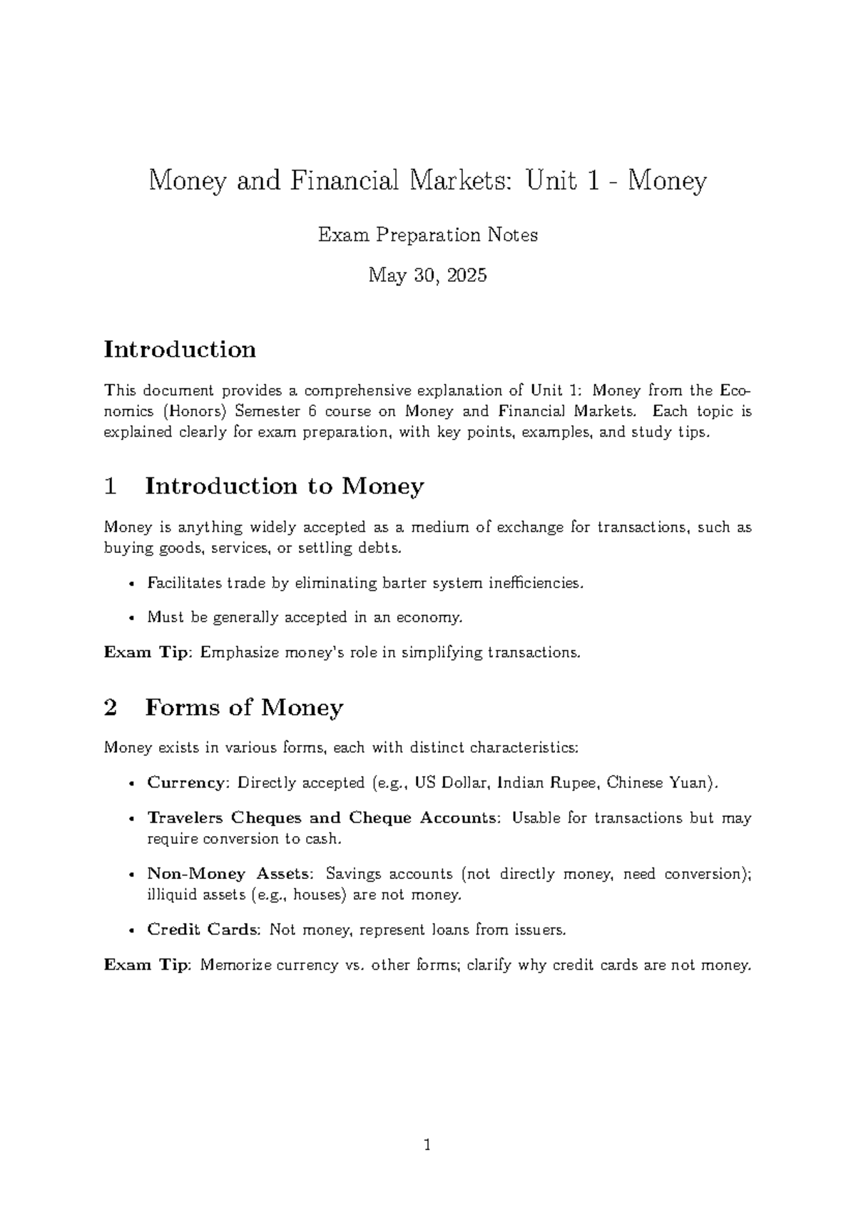 Money and Financial Markets: Unit 1 Exam Prep Notes - Studocu