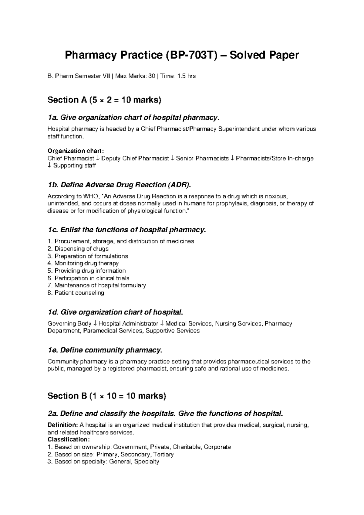 Pharmacy Practice Solved Paper B. Pharm Sem VII - Max Marks 30 - Studocu
