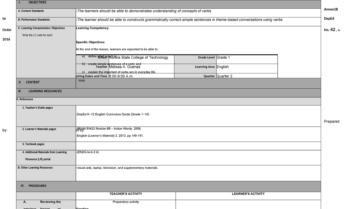 DLP-VERB: Detailed Lesson Plan on Verbs for Grade 1 English - Studocu
