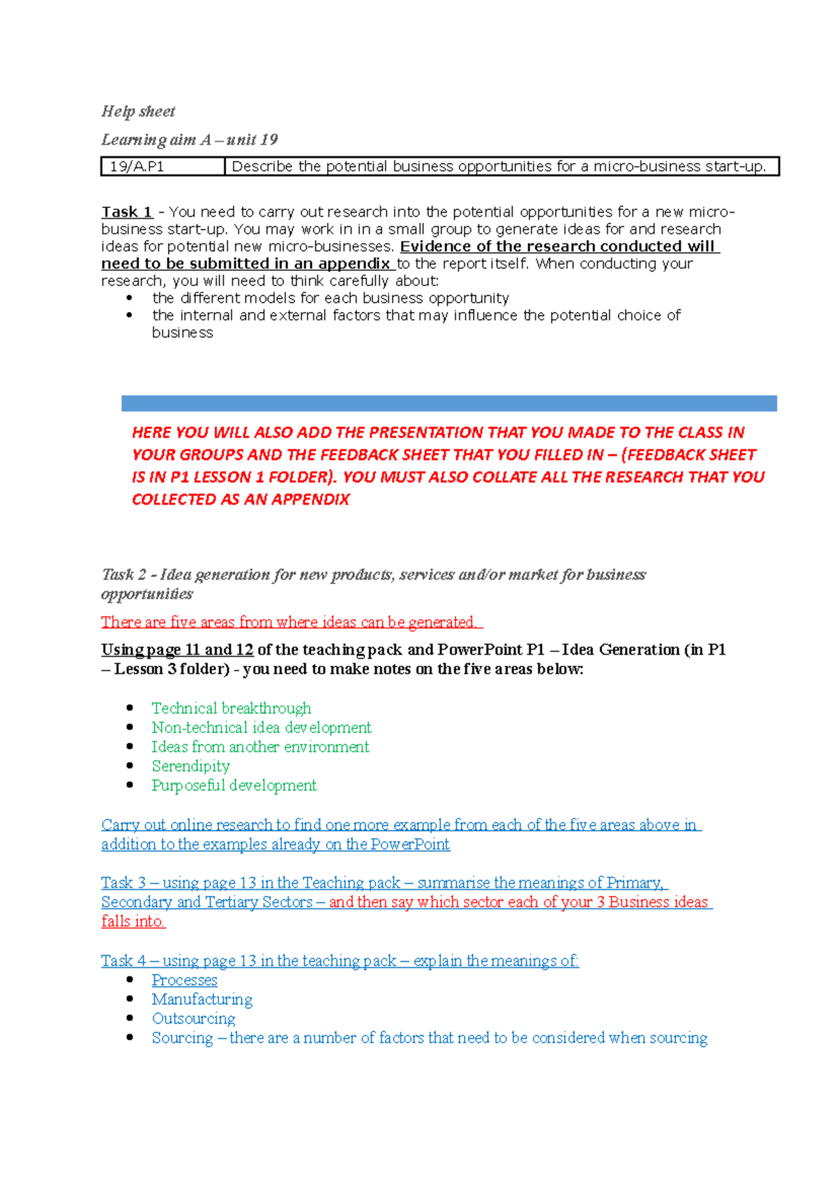 Help sheet Learning aim A - Help sheet Learning aim A – unit 19 19/A ...