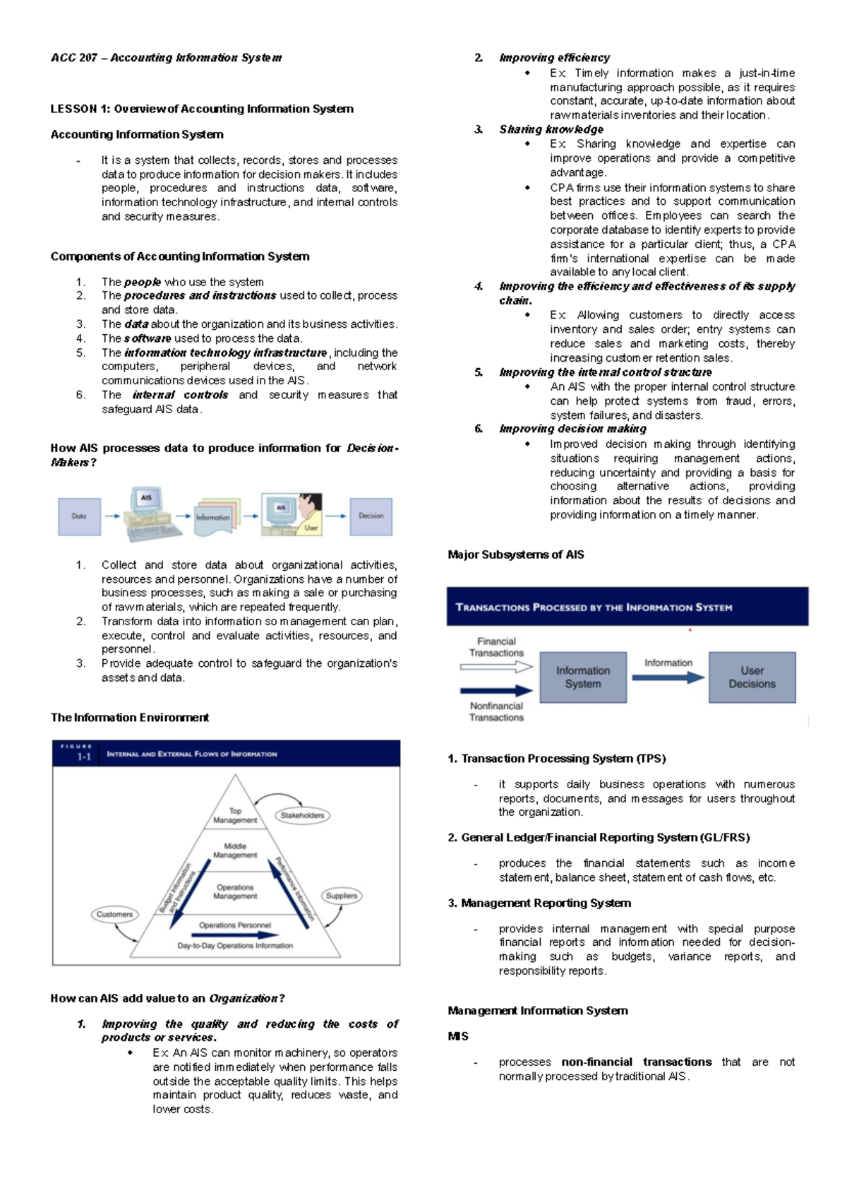 ACC 207 AIS Midterm Exam Review Notes on Accounting Systems - Document Preview