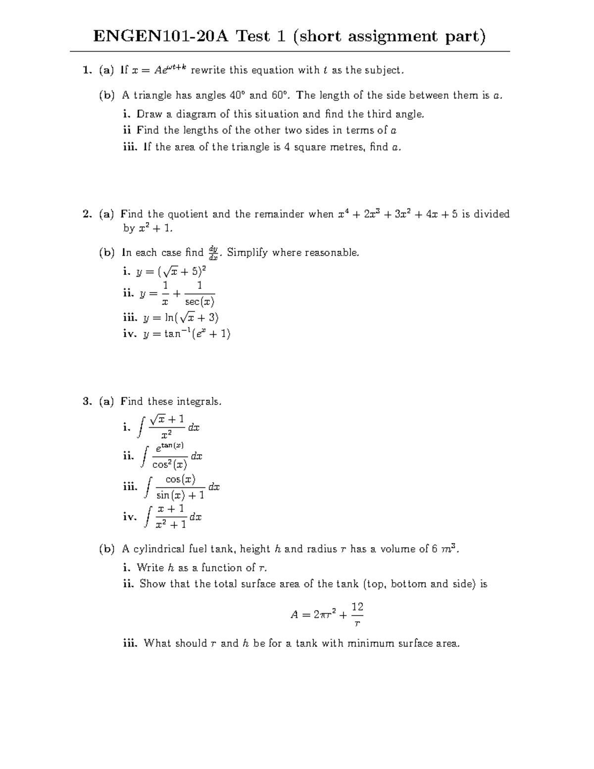 ENGEN101-20A Test 1 Short Assignment Questions and Solutions - Studocu