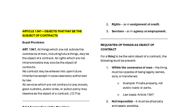 Article 1347-1359: Objects and Causes in Contracts - Lesson Notes - Studocu