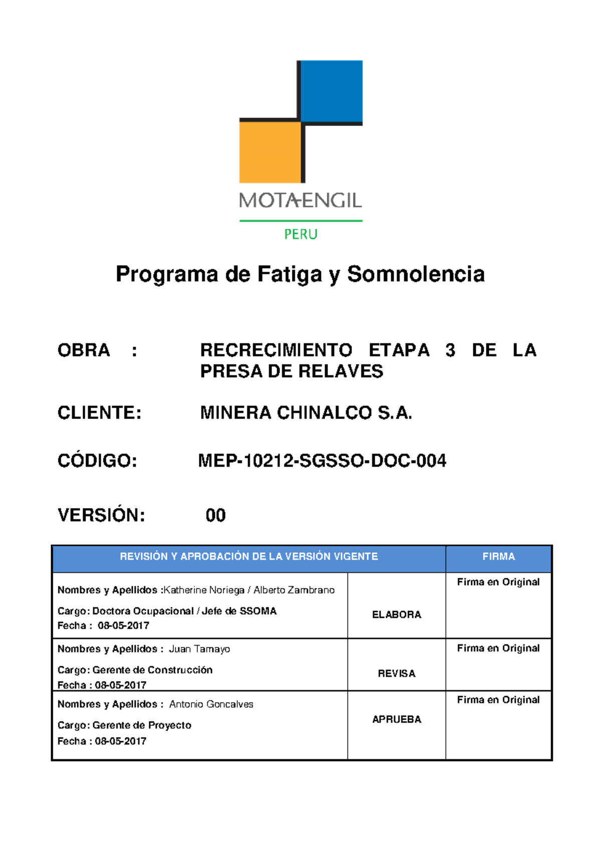 Programa de Fatiga y Somnolencia - Minera Chinalco S.A. Ver 00 - Studocu