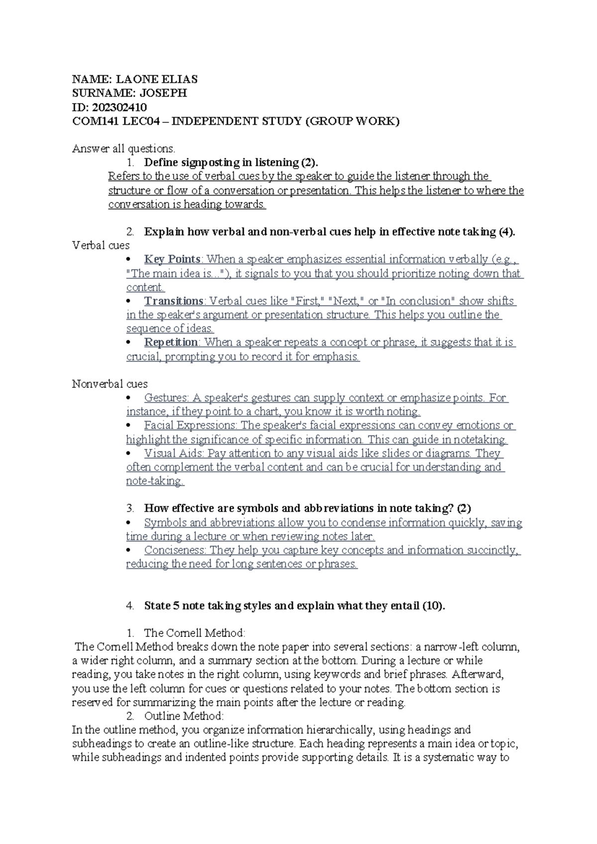 Effective Note-Taking Strategies for COM141 LEC04 Independent Study ...