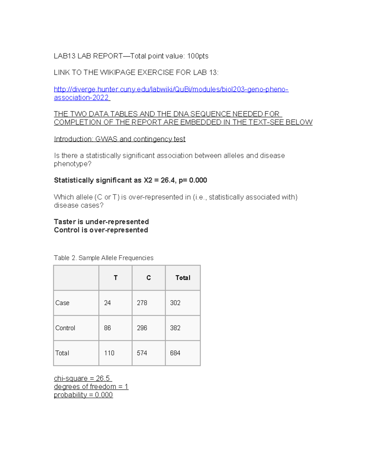 BIOL203-LAB13: GWAS and Chi-Square Analysis Lab Report - Studocu