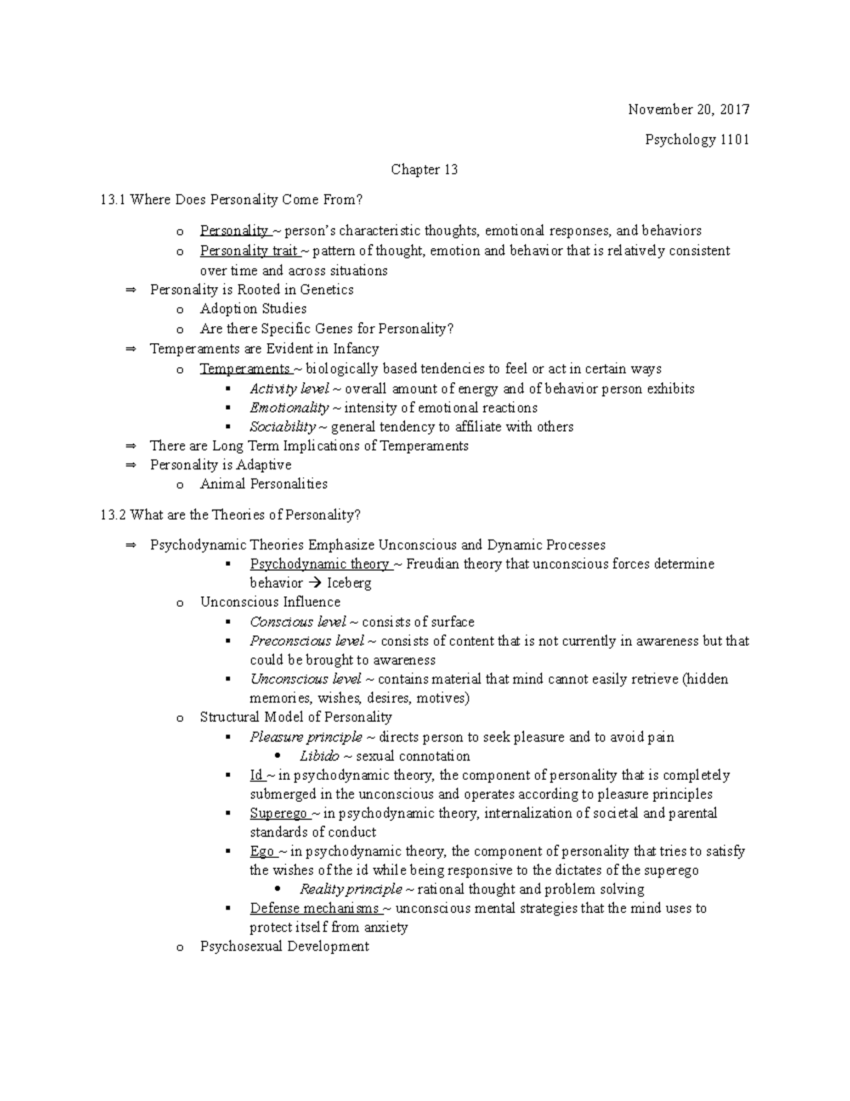 Psychology 1101 - Chapter 13: Understanding Personality Theories and ...