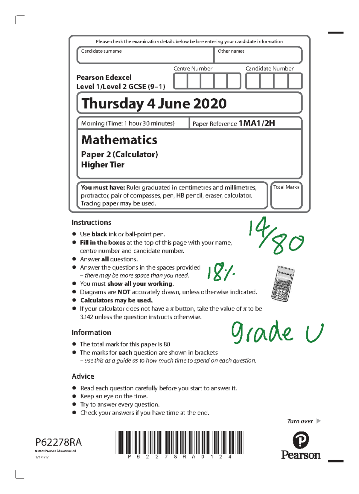 Mathematics GCSE Level 2 Higher Tier Paper 2 Exam - June 2020 - Studocu