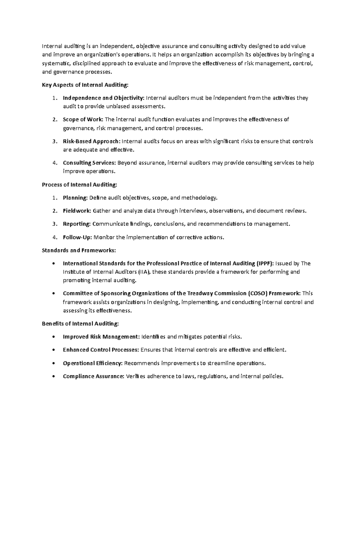 Internal auditing - Key concepts and benefits notes - Studocu