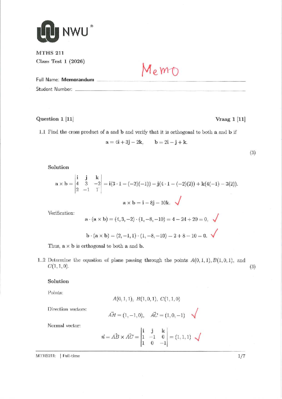 MTHS211: Memorandum for Long Test 1 - Lecture 1 to 4 - Studocu
