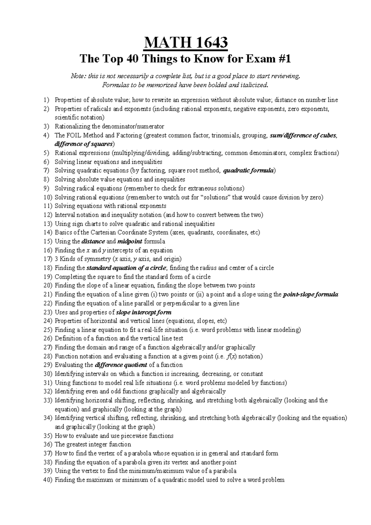 MATH 1643 Exam 1 Review: Top 40 Key Concepts and Formulas - Studocu