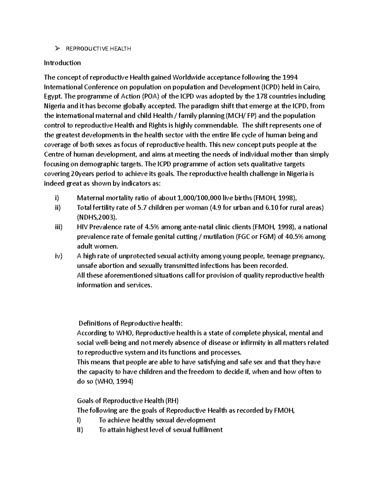 Reproductive Health NOTE - REPRODUCTIVE HEALTH Introduction The concept ...