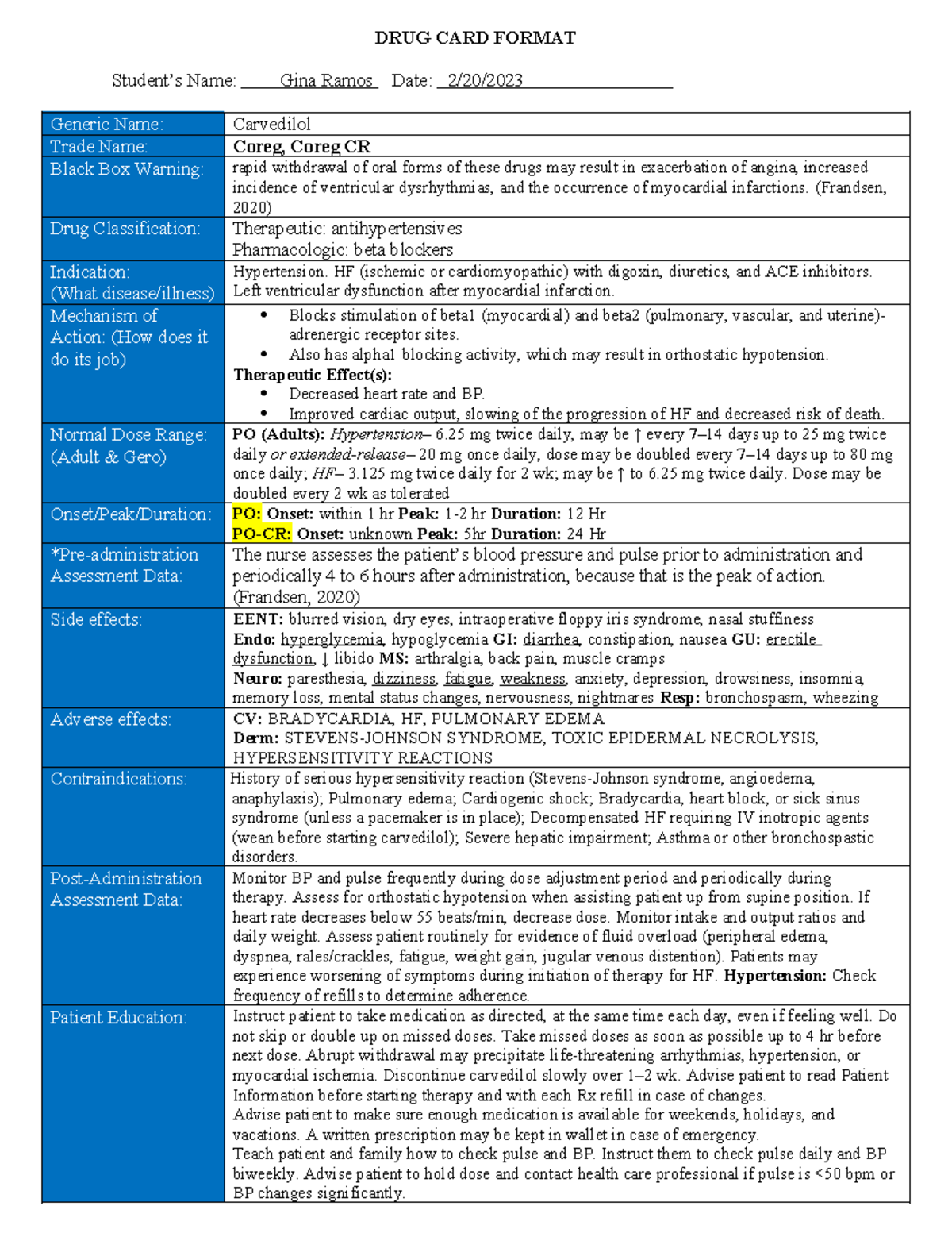 Coreg (Carvedilol) Drug Card: Key Information & Patient Education - Studocu