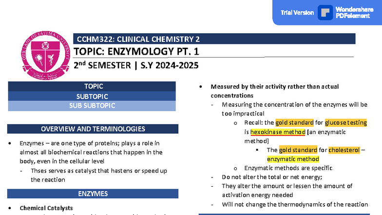 CCHM322: Clinical Chemistry 2 - Enzymology Overview and Mechanisms ...