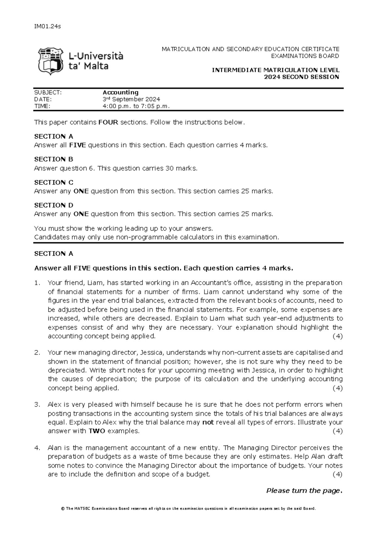 IM01.20m Accounting Intermediate Matriculation Exam Paper 2020 - Studocu