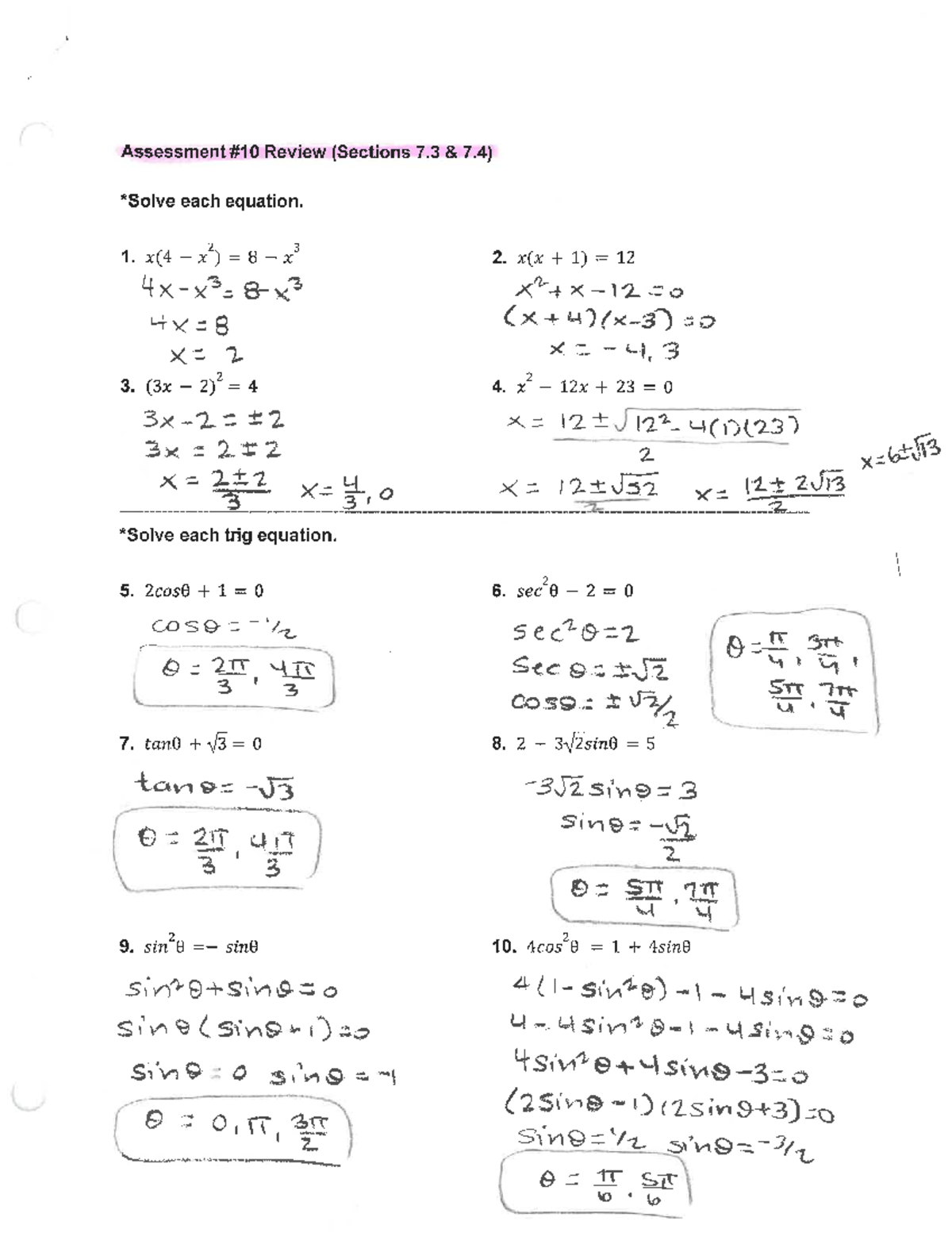 Assessment #10 Review: Equations & Trigonometric Solutions - Studocu