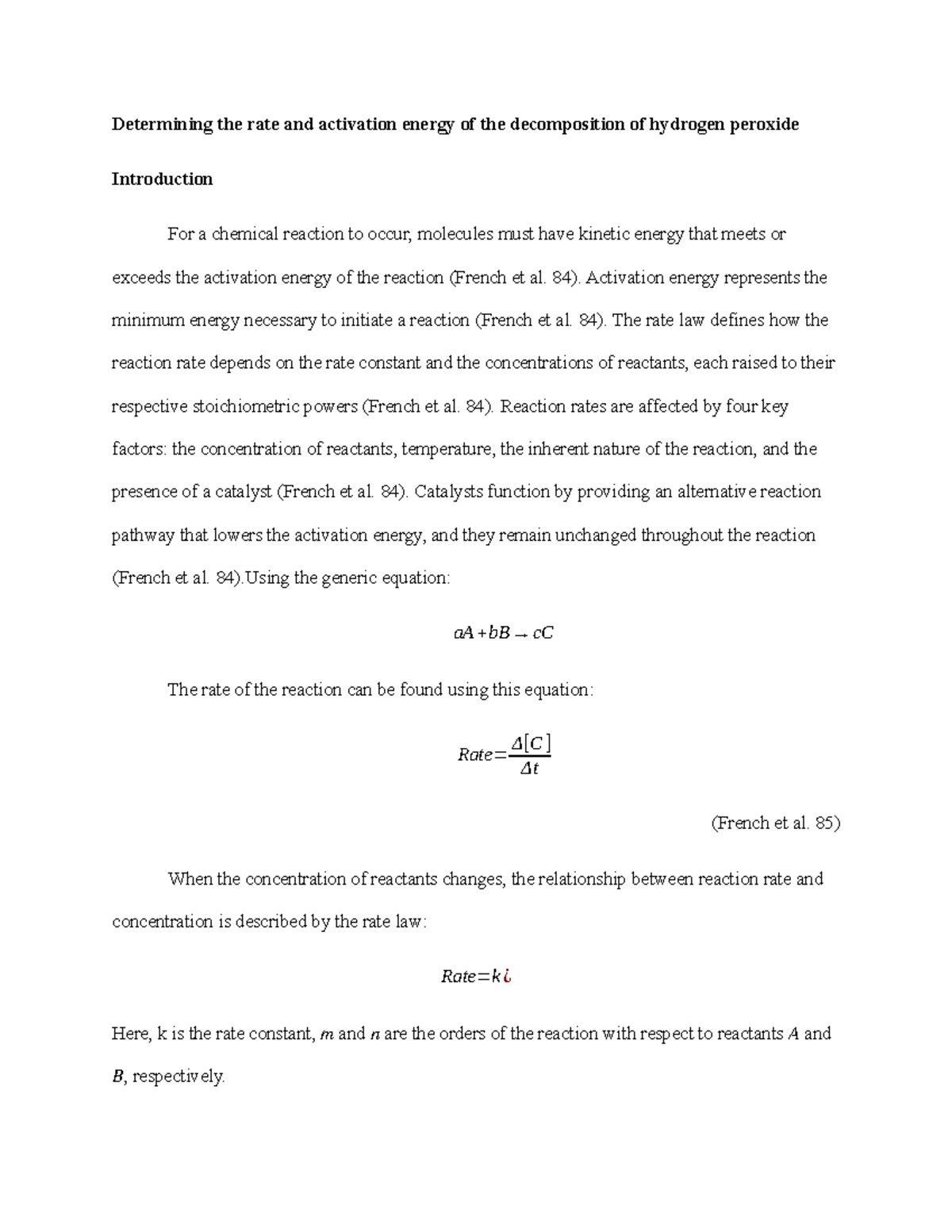 CHE 113 Lab 14 - Rate and Activation Energy of H2O2 Decomposition - Studocu