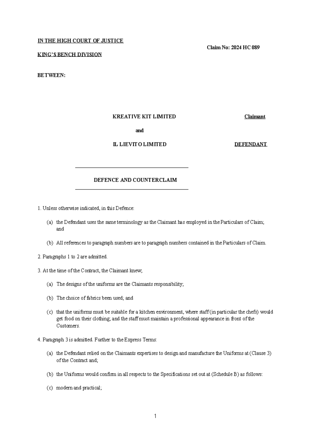 Defence Document: Kreative Kit Ltd vs. Il Lievito Ltd - Claim No: 2024 ...
