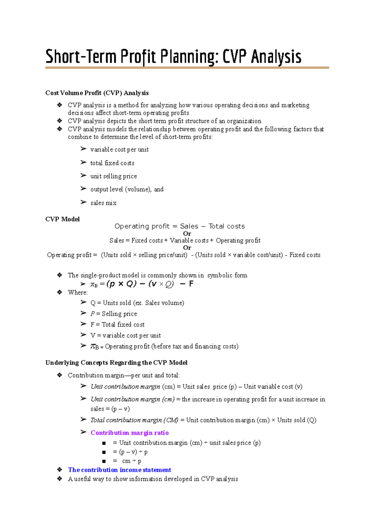 Chapter 9 - CVP Analysis: Lecture Notes on Profit Planning - Studocu