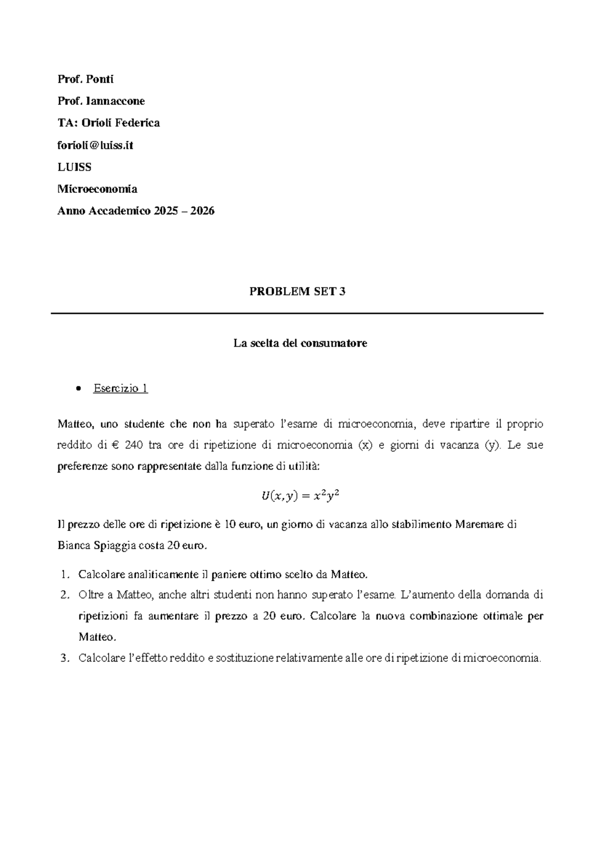 Microeconomia 2025-2026: Problem Set 3 - Scelta del Consumatore - Studocu
