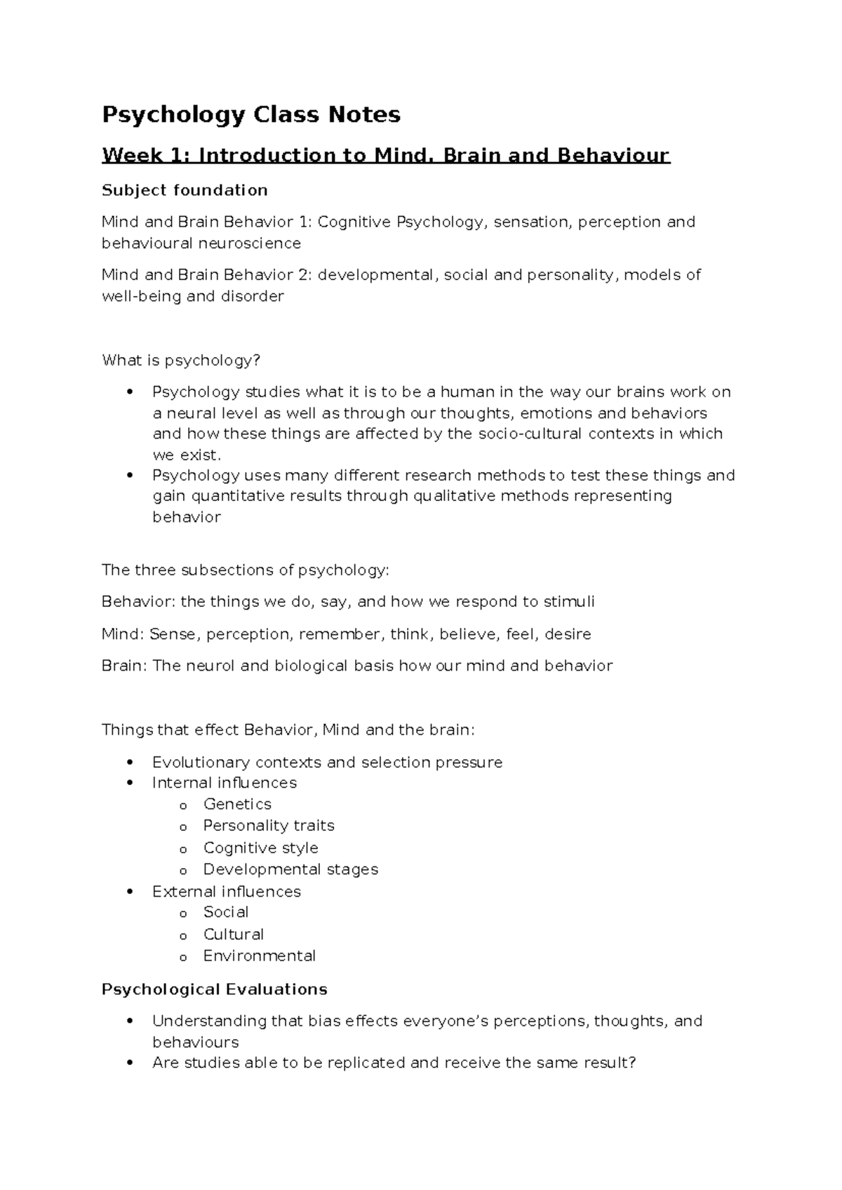 Psychology Class Notes: Week 1 - Introduction to Mind, Brain & Behavior ...